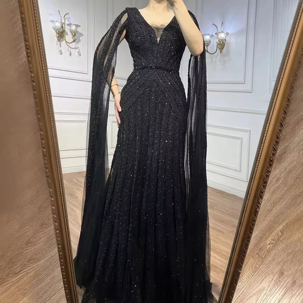 Simin Black Arabic Cape Sleeves Luxury Beads Evening Long Dresses Serene Tulle Mermaid V-Neck Formal Party Gowns For Women