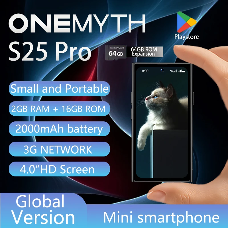Onemyth S25 Pro 3G Mini Smartphone 4.0-inch Full Screen Display 2000mAh 2GB RAM 16GB ROM Dual SIM, Built in Google Play Store