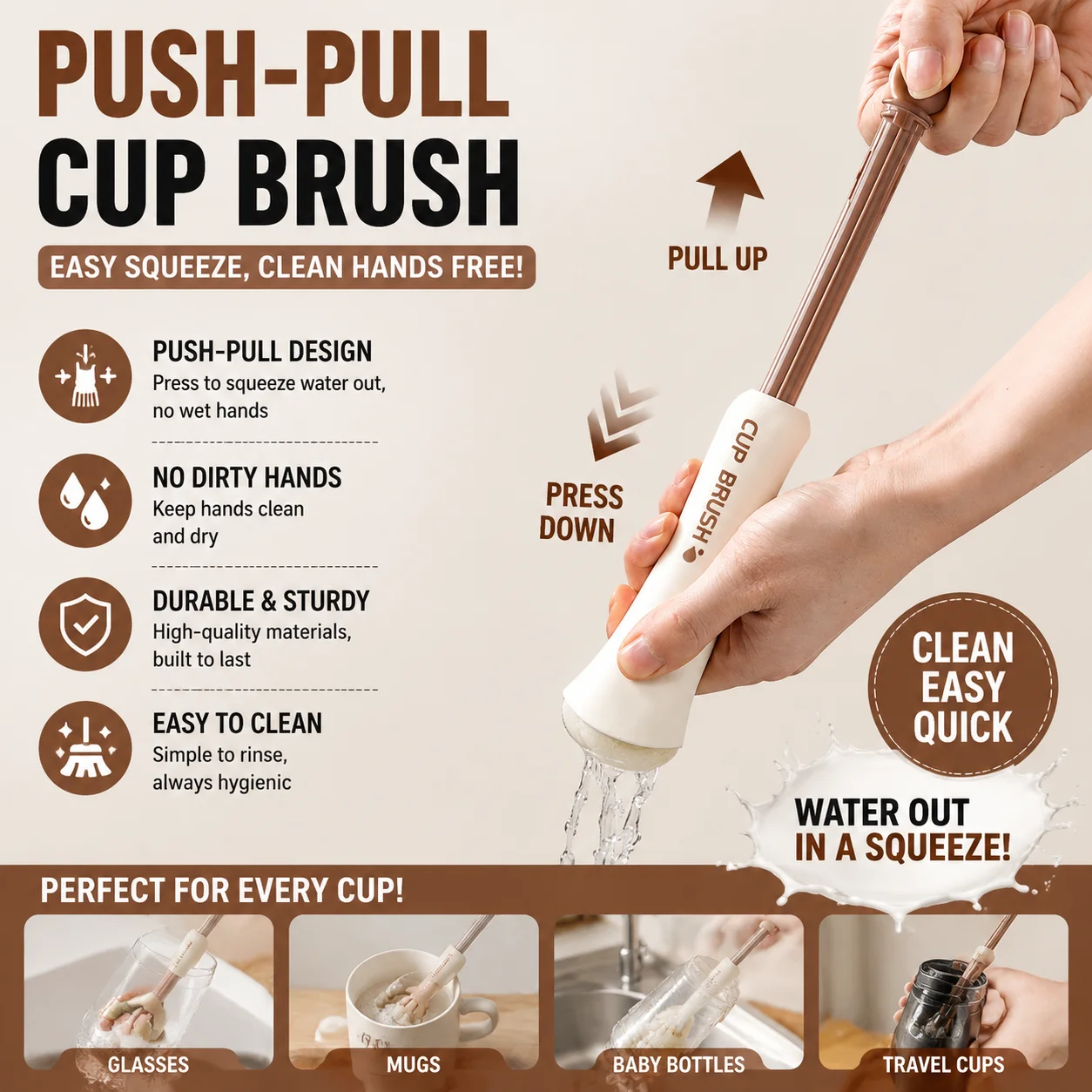 Household cup washing bottle multifunctional push-pull no dead corner cleaning tool squeezing cup brush silicone long handle
