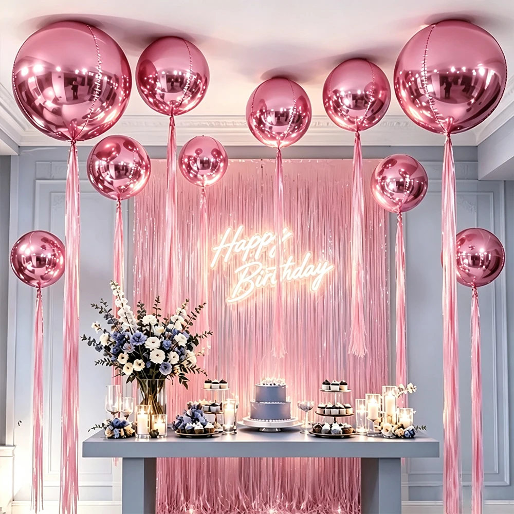 Rosa 4D Aluminiumfolien-Ballon-Set mit Rosa Regenvorhang, geeignet für Geburtstagsfeiern und niedliche Themen-Hintergrunddekorationen