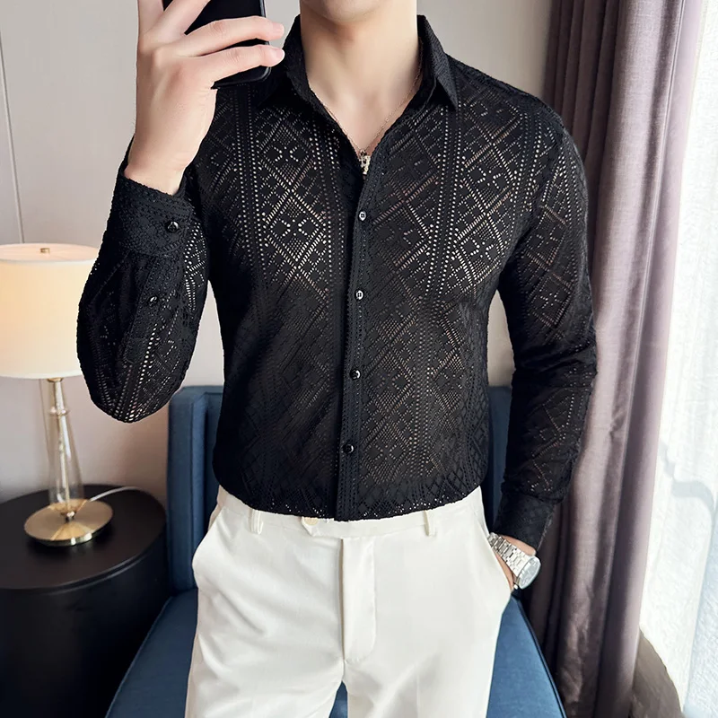 2024 Sexy Lace Shirt for Men High Quality Long Sleeved Casual Shirt Hollow Out Social Banquet Nightclub Shirt Streetwear Blouse