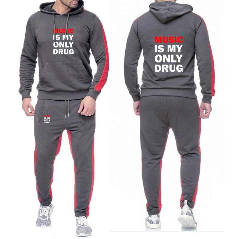 2025 Spring And Autumn Men's New High Quality Music is My Only Drug Hoodies + Casual Sweatpants Solid Color Suit