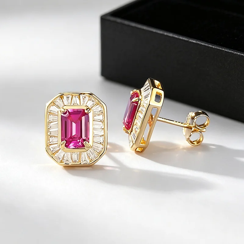 S925 Silver Stud Earrings 5*7mm Emerald‑Cut Fuchsia Lab‑Created Gemstone Baguette Zircon Halo Gold‑Plated Stud Earrings Luxury
