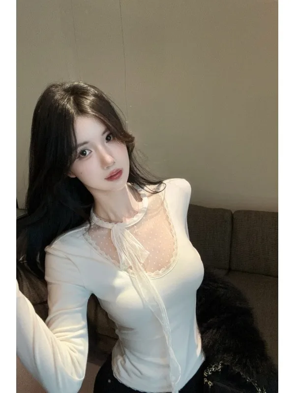 

Сексуальная вязаная сетчатая блузка с флокированием и завязками на талии, облегающий топ для женщин на осень-зиму в стиле Pure Desire, бренд Nicole Rose