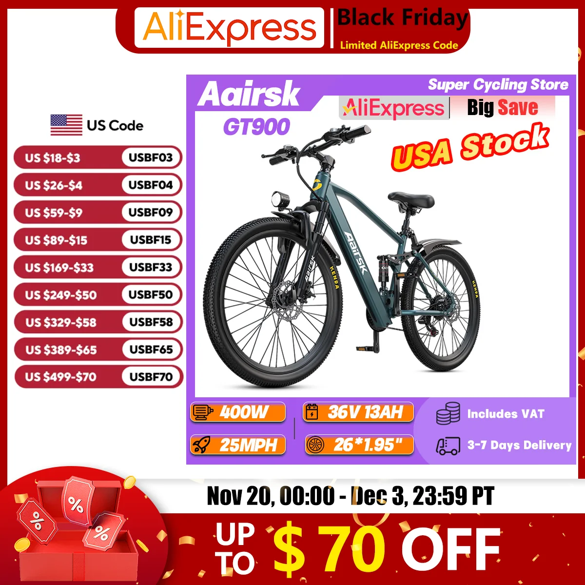 

Aairsk GT900 Adult Urban Off-Road Ebike 400W 36V 13Ah Mountain Electric Bicycle 26*1.95 Inch Tire Dual Suspension Electric Bike
