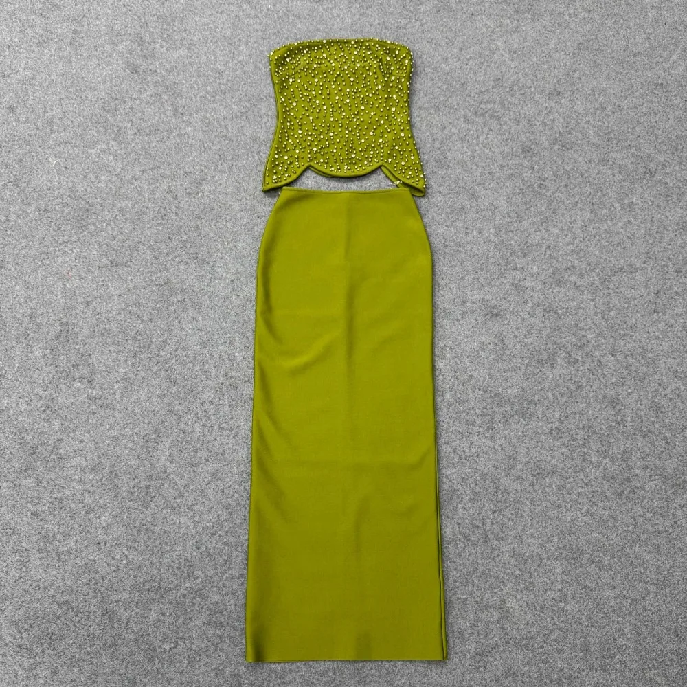 2026 New Fashion Women Sexy Strapless Diamond Crystal Sequins Sleeveless Top Slim Fit Maxi Skirt Set Celebrity Designer Lady Set