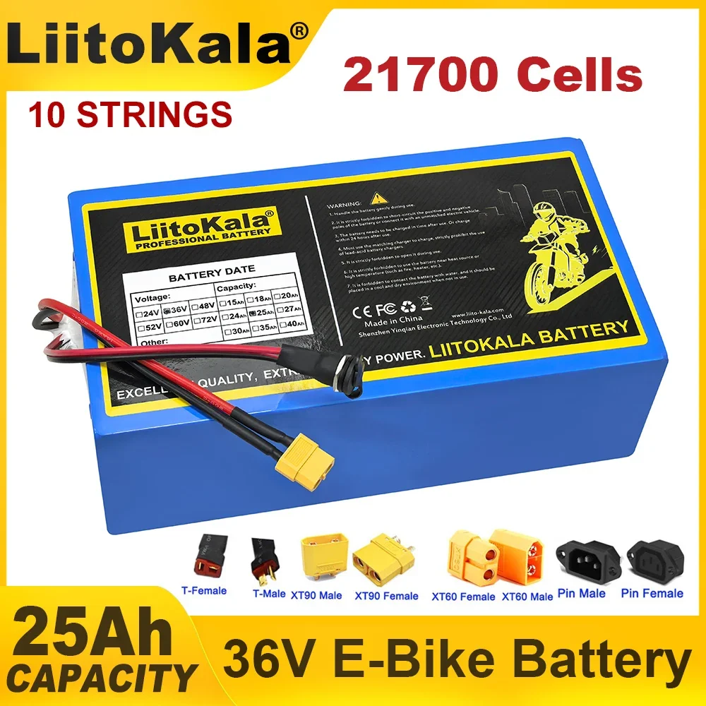 LiitoKala 36V 25Ah E-bike 10s5p 21700 Lithium Battery Pack 800w 1200w 1440w Built in BMS For Electric Bike E-Scooter 42V Charger