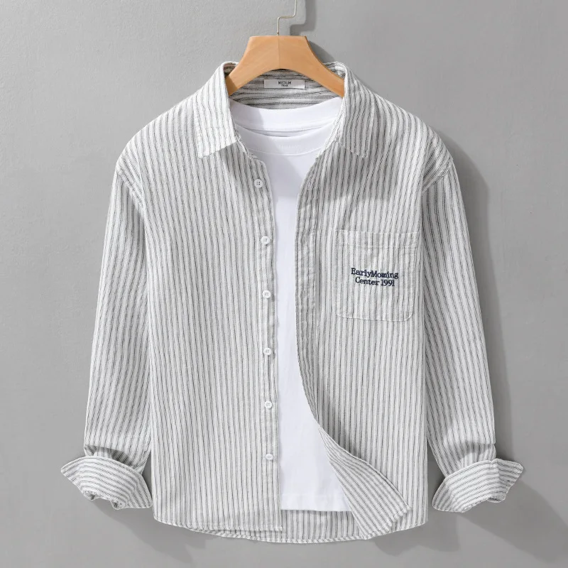 

Мужские рубашки в полоску с длинным рукавом из 100% хлопка, повседневные рубашки в японском стиле, мужская рубашка с вышивкой букв, удобный топ, повседневная одежда