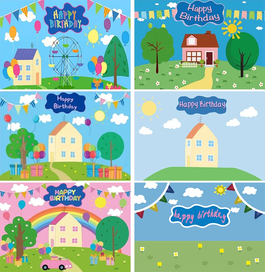 Primavera 1 ° compleanno Kid Background Baby Shower Tree Balloon Blue Banner Pig House sfondo Photozone Photography Vinyl
