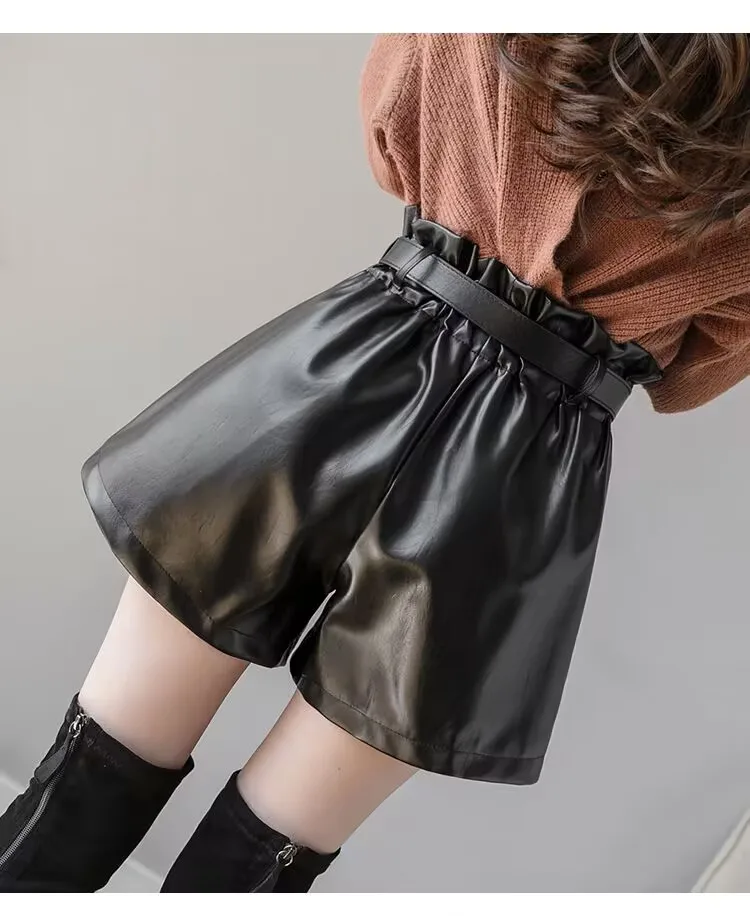 Women Chic Fashion Faux Leather Shorts Vintage High Waist Female Shorts All-Match Solid Color Loose Casual Shorts