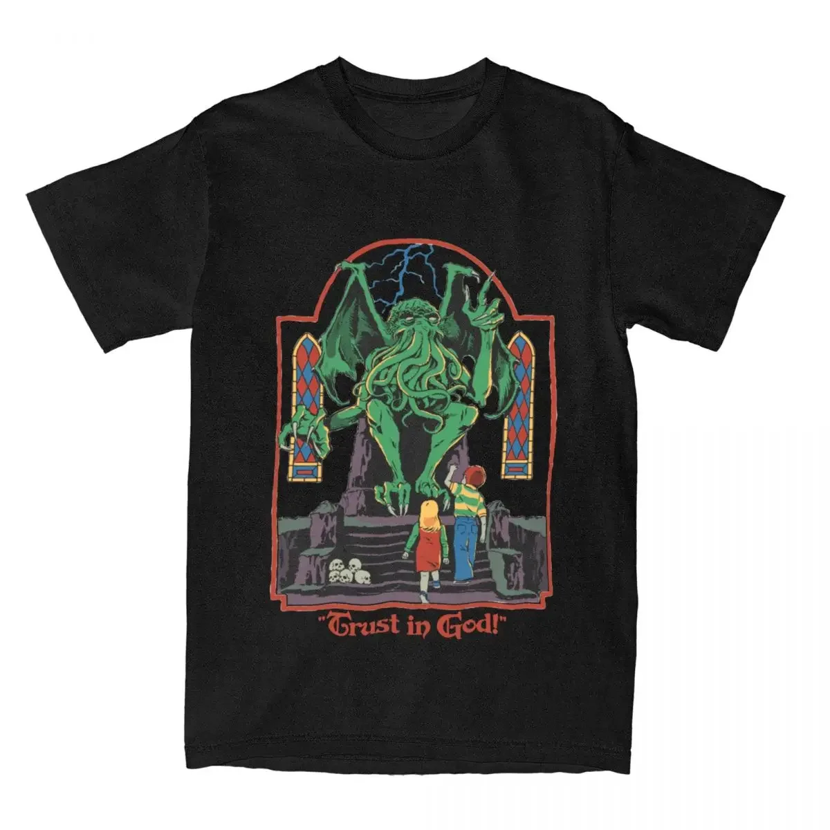 Trust In God T Shirts for Men Cotton Novelty T-Shirt Halloween Retro Cthulhu Lovecraft Occult Tee Shirt Short Sleeve Clothes