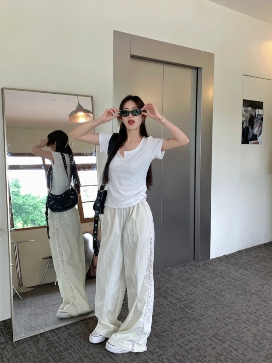 Women White Pants Vintage Y2k Harajuku 90s Aesthetic Baggy Parachute Pants Oversize High Waist Wide Trousers 2000s Clothes 2024