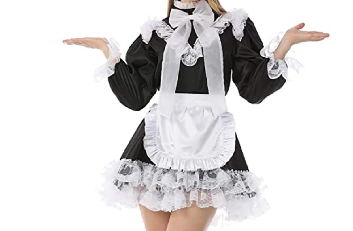 

Hot Selling New Lady Black Satin Long Sleeved Independent Apron Lace Trimmed Maid French Uniform Party Dress Custom