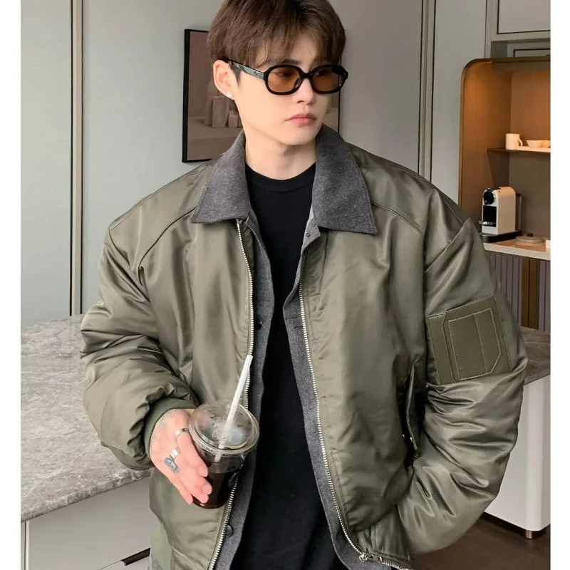 Japanese Winter Mens Cotton Jackets Fake Two Pieces Thickened Street Punk Parkas Loose Lapel Zipper Warm Harajuku Coats 2024