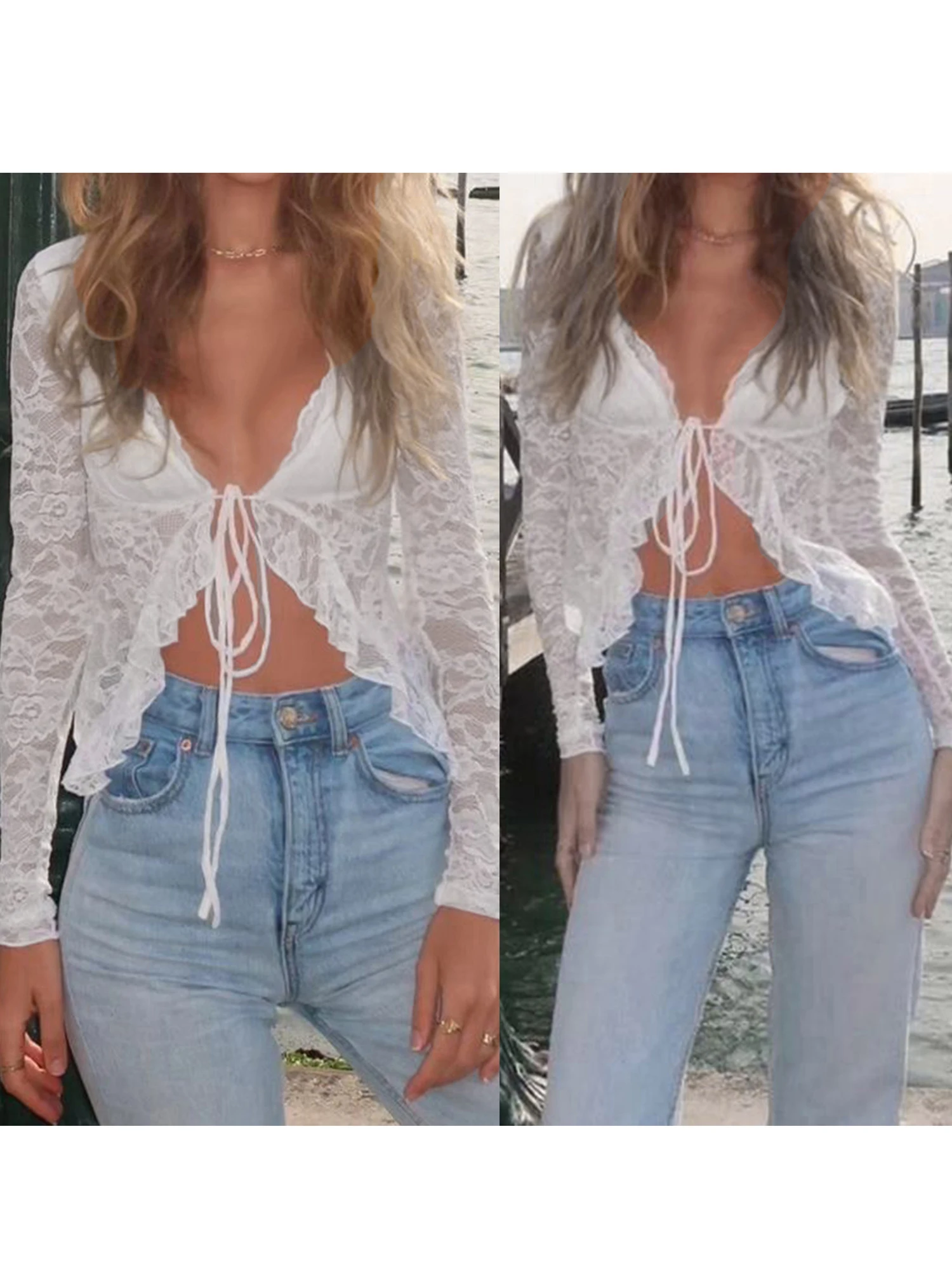 بلوزة قصيرة شبكية مثيرة بدون أكمام من الدانتيل الشفاف مع ربطة أمامية للنساء ملابس النادي والحفلات الليلية