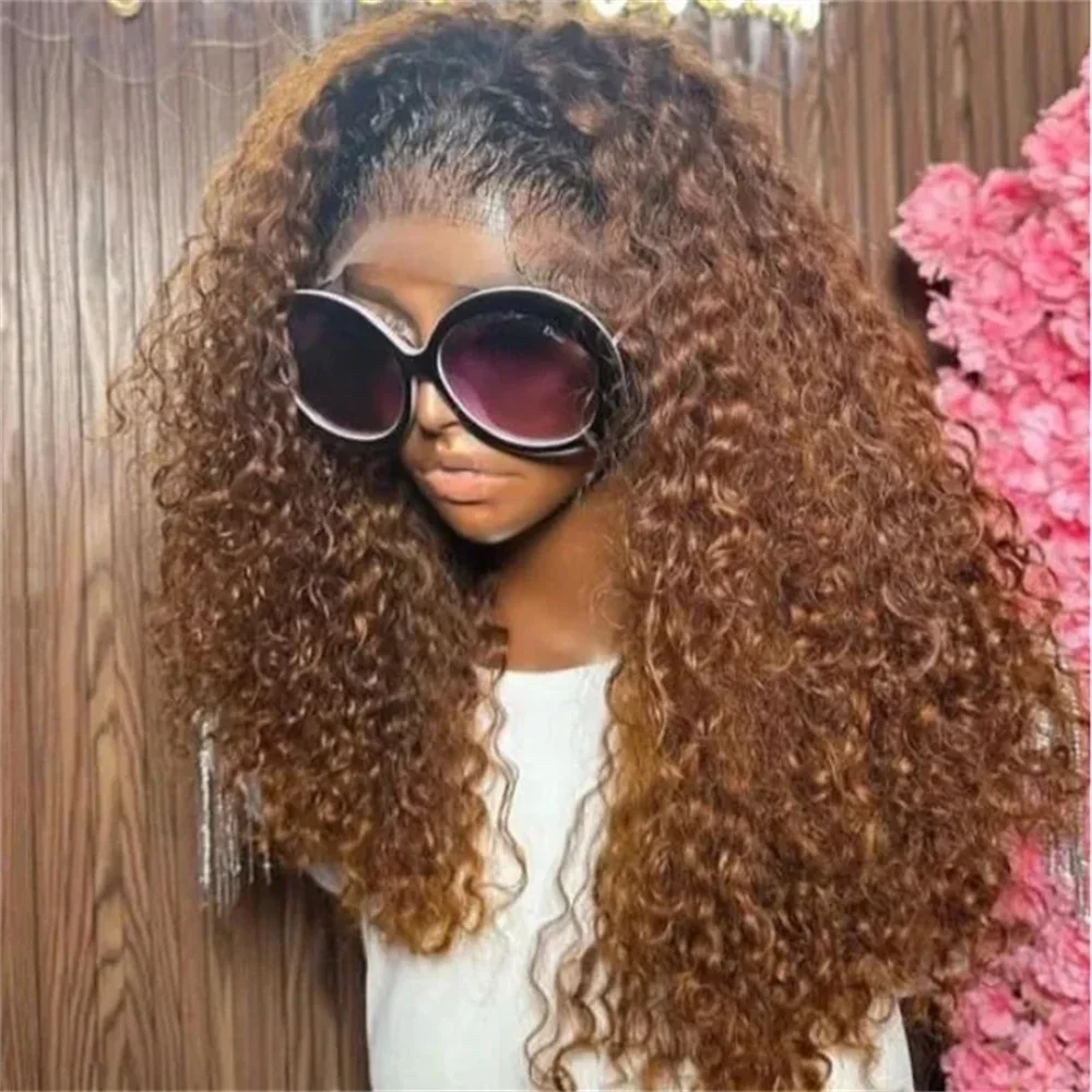 

Soft Long 26Inch Kinky Curly Ombre Brown 180 Density Lace Front Wig For Women With Baby Hair Synthetic Preplucked Glueless Daily