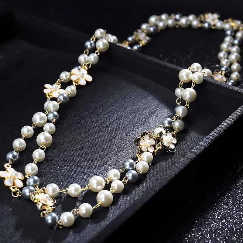 Korean luxury flower pearl long sweater chain necklace double layer necklace woman accessories