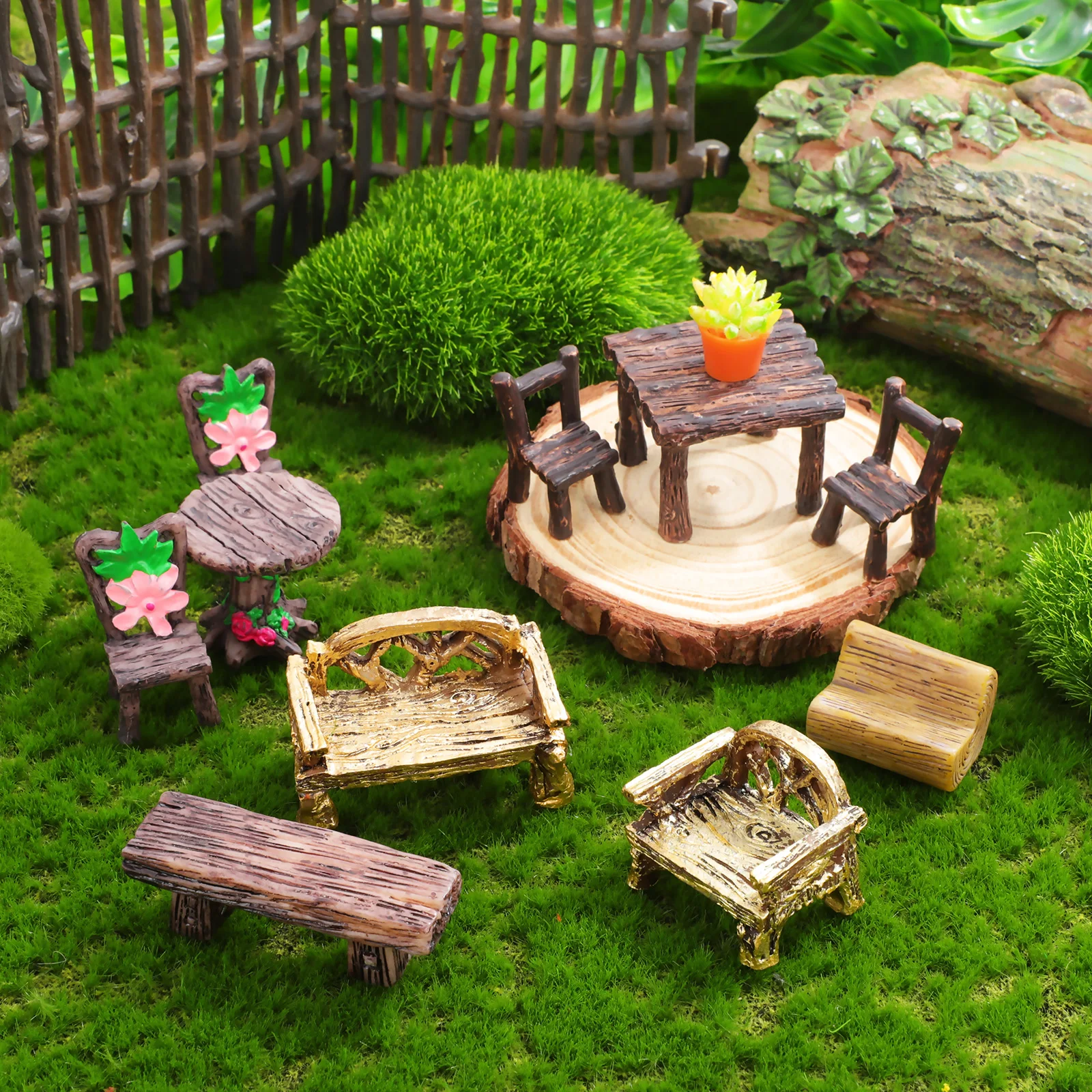 

10 pcs Miniature Garden Furniture Set Rustic Resin Micro Landscape Ornaments Dollhouse Accessories Mini Table Chairs Kit Home