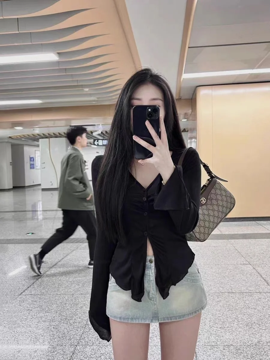 

Женская футболка больших размеров с V-образным вырезом, асимметричная, приталенная, с защитой от солнца, весна-лето, новинка, кардиган в стиле «сладкий и пикантный»