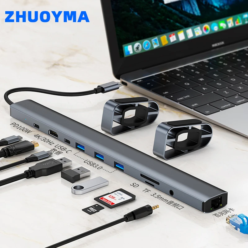 

USB C Hub Multiport Adapter 10 in 1 Portable Dongle 4K HDMI PD 100W USB 3.0 Gigabit Ethernet RJ45 Docking Station Laptop Stand