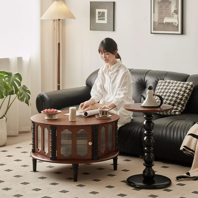 

Round Poker Coffee Tables Multi-functional Retro Homestay Simple Coffee Tables Balcony Wooden Furniture Quemó MHCJ
