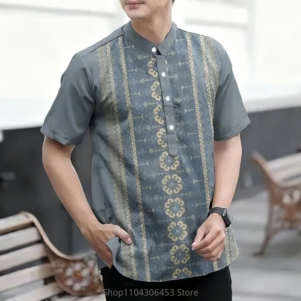 Men's simple retro stand-up collar short-sleeved shirt natural curly grass pattern 3D printing casual fashion T-shirt vacation