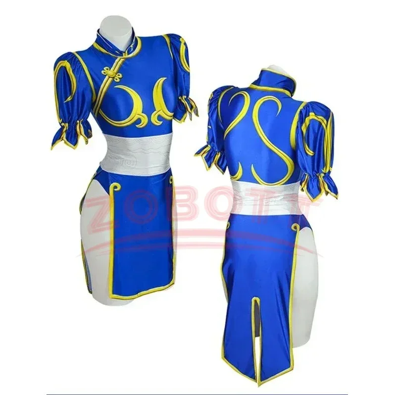 فستان تشون لي التأثيري زي لعبة SF تشونلي لعب الأدوار الأزرق تشيباو الزي مجموعة كاملة جاكي الكونغ فو بدلة حفلات الهالوين الوردي الأزرق