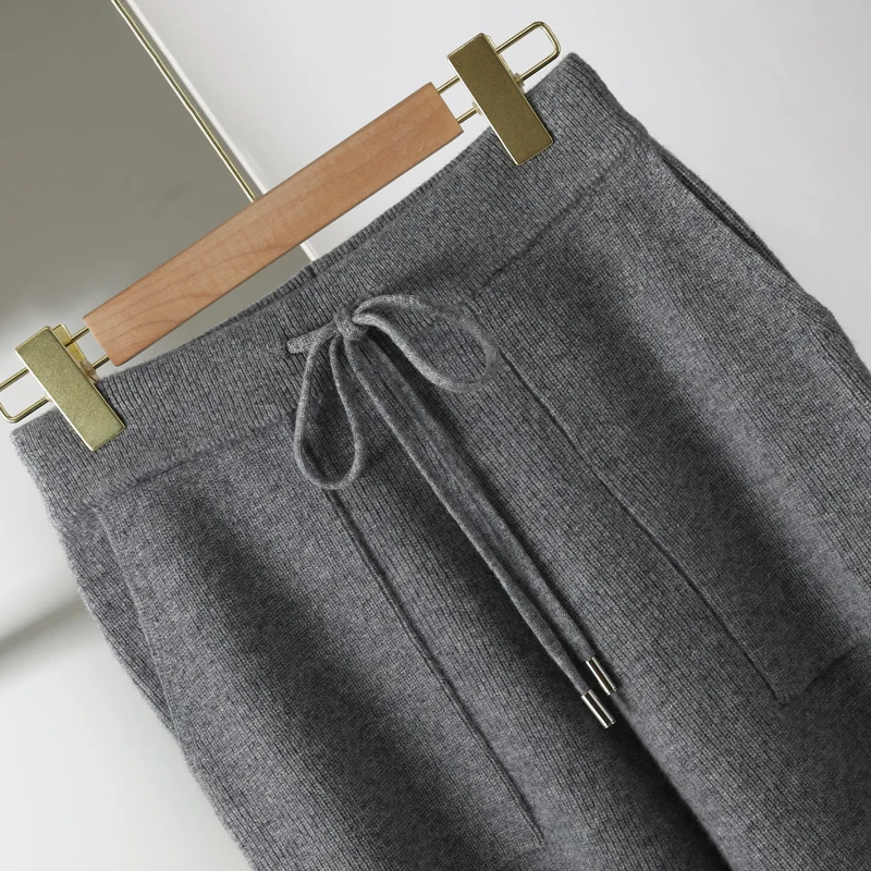 Women's New 100% Pure Wool Knitted Full Length Pants High Waist Casual Outerwear Cashmere Wide Leg Pants Versatile Autumn Winter
