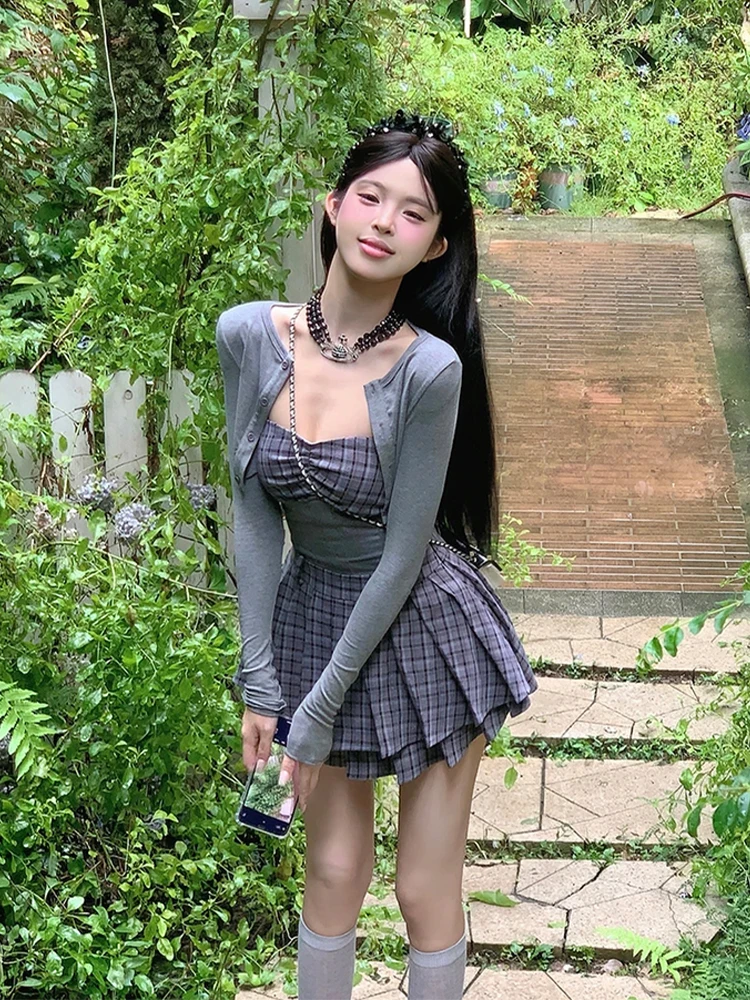 

Сексуальное клетчатое платье-бюстье с высокой талией и короткой юбкой А-силуэта, комплект в корейском стиле, с длинными рукавами, цельное, осеннее, для полных женщин