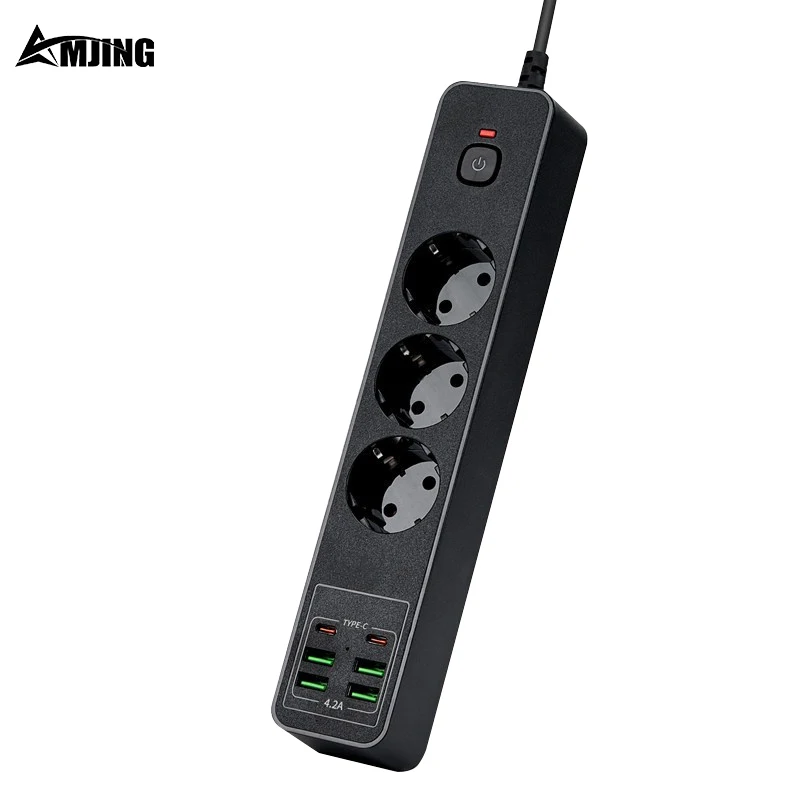 

3000W 10A 250V 3 charging ports Power strip with Type-C USB 2m cable Overload protection power socket