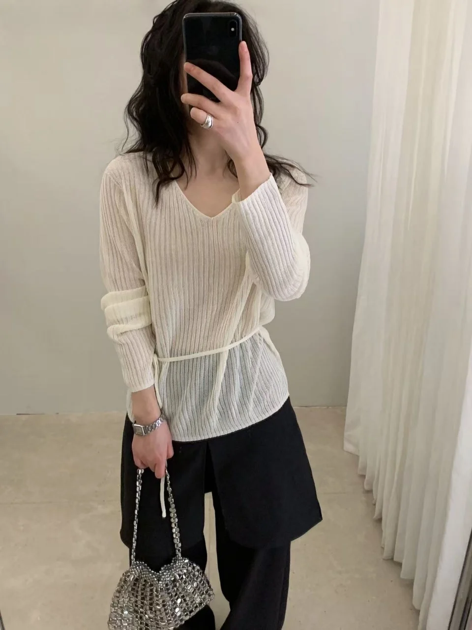 

Pure Color Linen Sl V-Ne Pullover Knitwear Women's Casual Loose Belted Sun Protection Top Spring 2026 Commute Sle