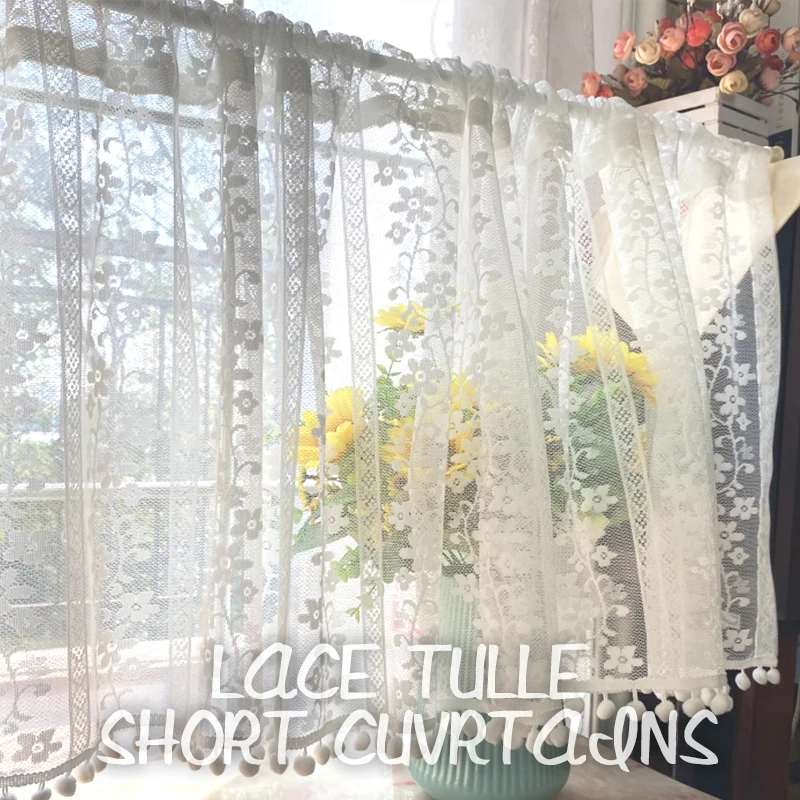 Simple and Easy to Install White Pleated Lace Floral Stripe Tassel Decoration Blackout Tulle Short Curtain for doors,windows