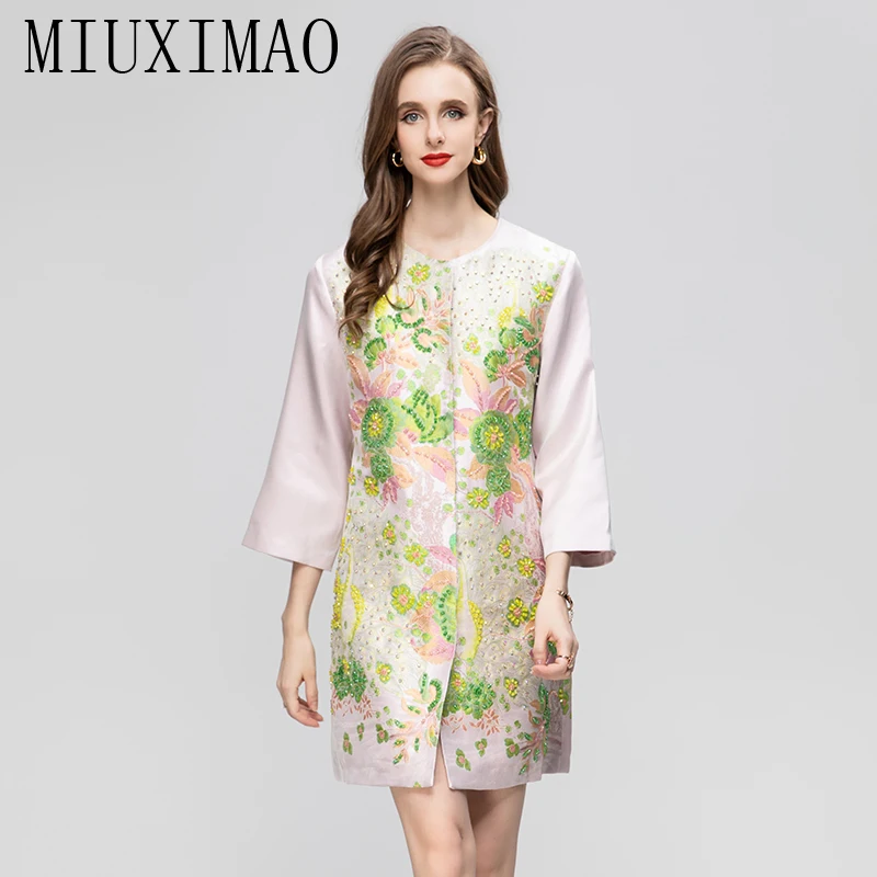 MIUXIMAO 2023  Autumn Jacket Women Elegant Diamonds Coat O-Neck Single Breasted Green Flower Fashion Cute Jackets for Women