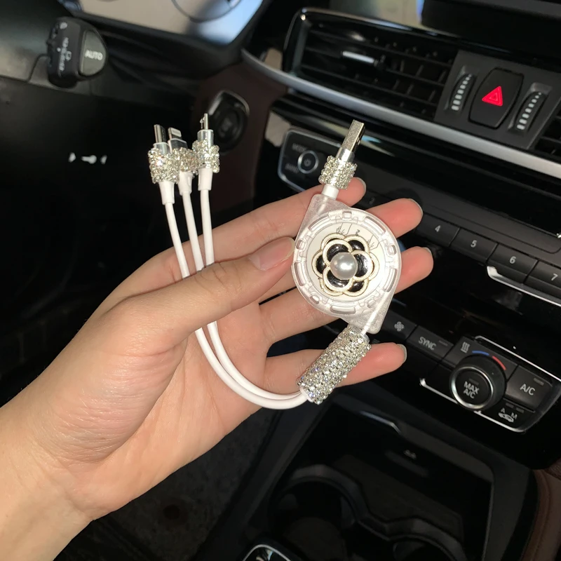 Diamond Telescopic Car Data Line 3-in-1 Fast Charging Mobile Phone Type-c Charger Line Car Accessories for Android IPhone