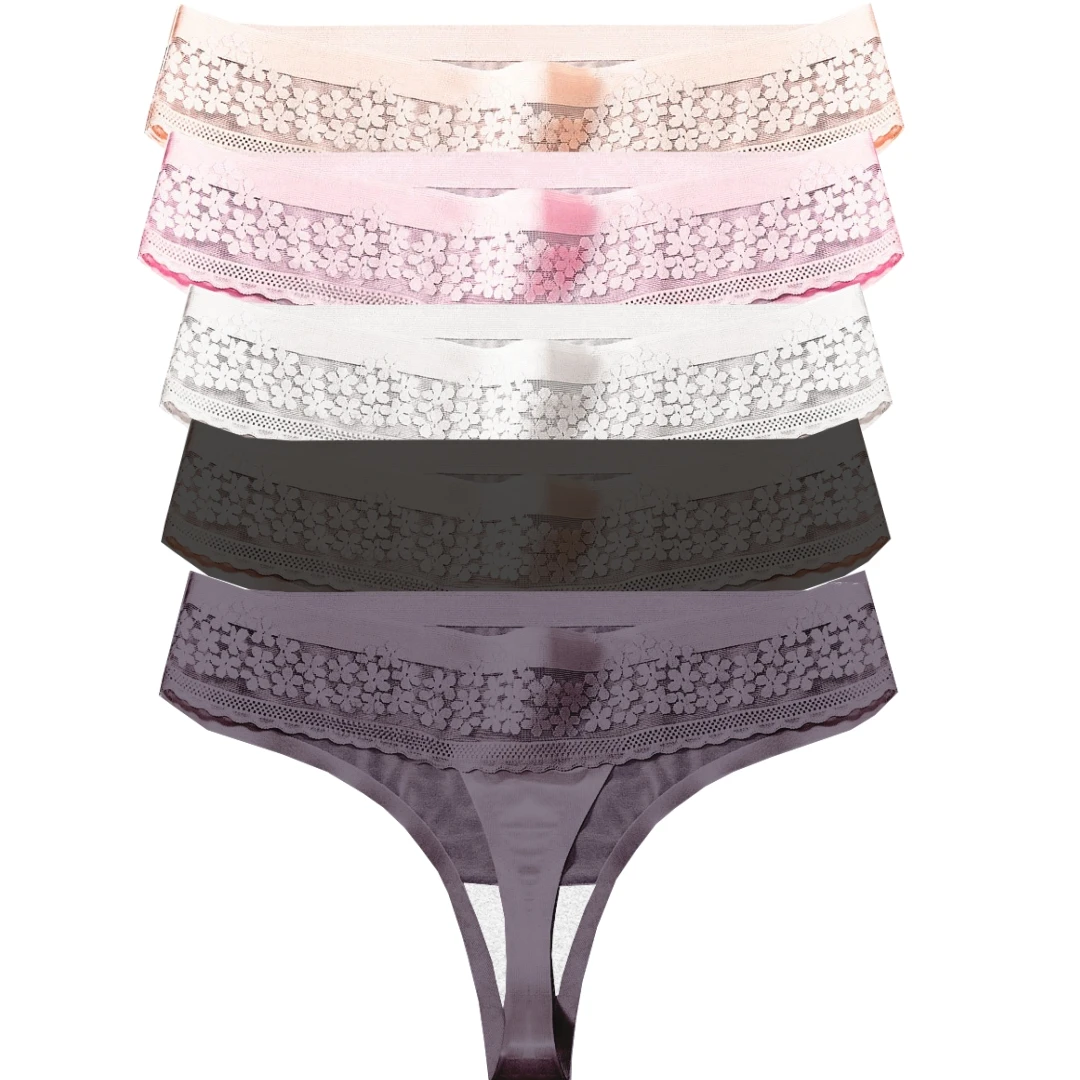 Ultra-thin Ice Silk Tracks Women's G-string Women's Translucent European and 5 PCS Panties Sexy Lace Flower Students American