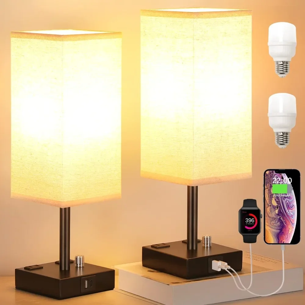 

Fully Dimmable Nightstand Lamps Set of 2 with USB C+A Charging Ports & 2 AC Outlets, Square Lamp Sets (Bulb Included)