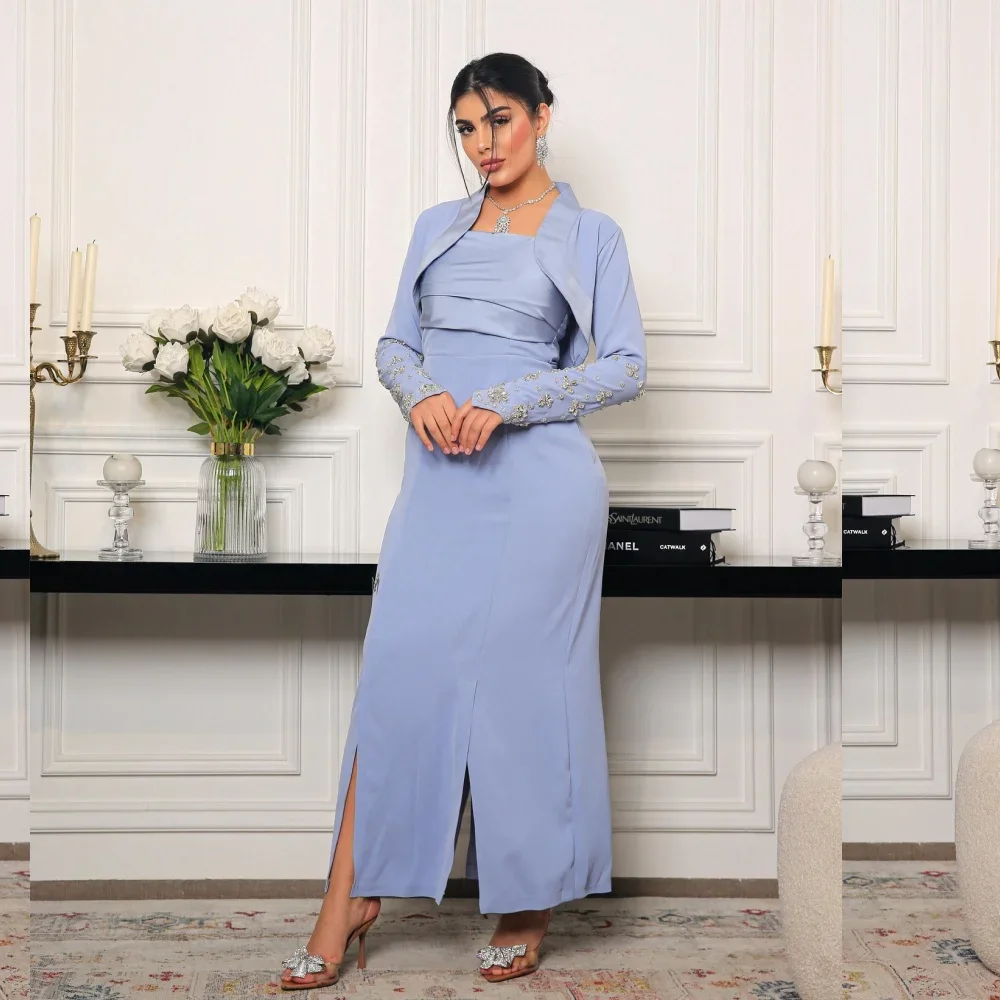 

Customized Jersey Rhinestone Party A-line Square Neck Bespoke Occasion Gown Midi Dresses