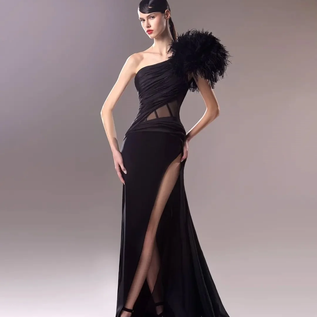 

Customized Luxury Jersey Straight One Shoulder Feathers Evening Dresses Sleeveless Panel Train Black Bespoke Occasion Gowns