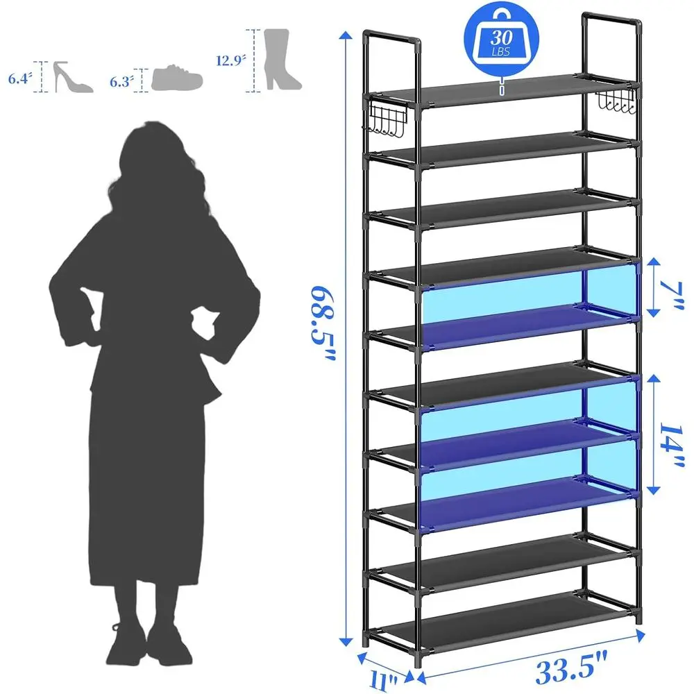 Large 10-Tier Shoe Rack for 40 Pairs - Ideal Storage for Entryway or Closet, Black