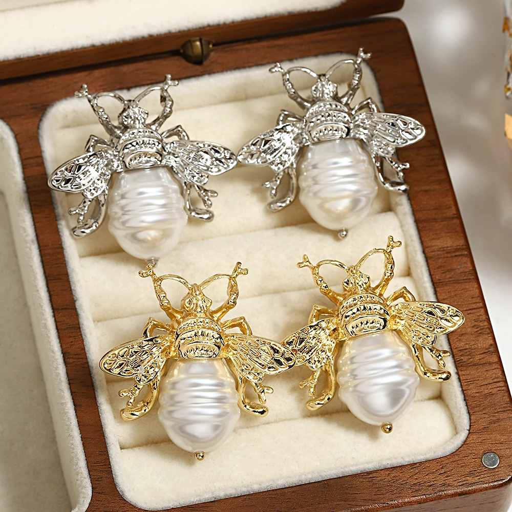 Lifefontier Silver Gold Color Bee Irregular Pearl Drop Earrings Vintage Creative Insect Big Earring Women\'s Jewelry Gifts 2023