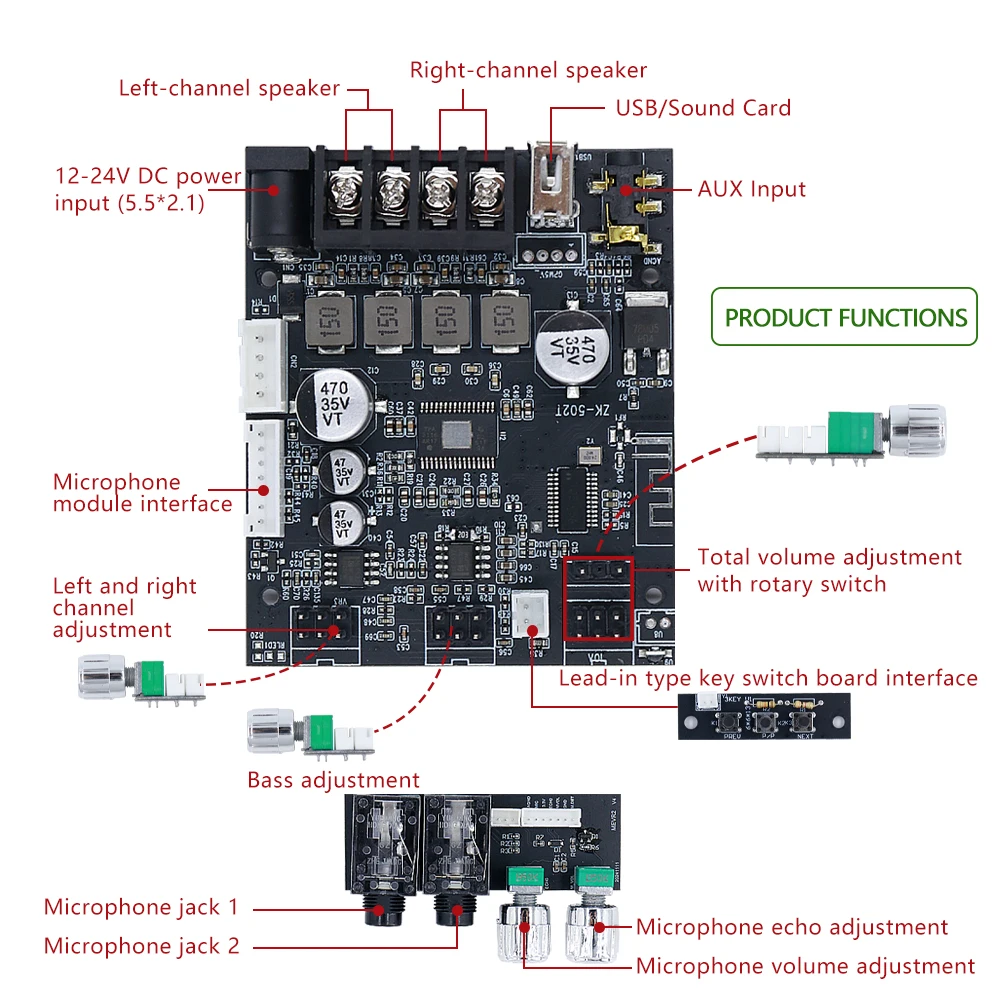 ZK-502T Scheda amplificatore Bluetooth 50W+50W 2.0 canali TPA3116D2 con ingresso doppio microfono Controllo eco/volume