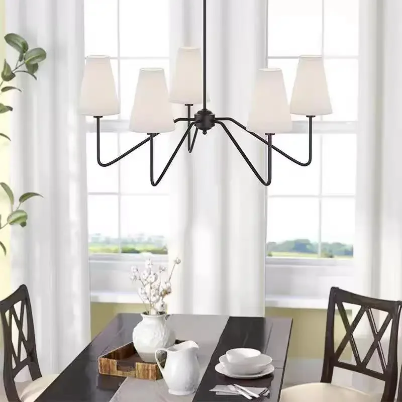 American Black Wrought Iron Long Pole Chandeliers White Fabric Pendant Lights Living Room Bedroom Restaurant Hotel Hanging Lamps
