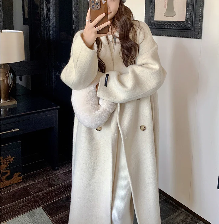 2024 Spring Clothes Women Woolen Coats Turn Down Collar Drouble Breasted Casaco Feminino Long Coats Tops New Invierno