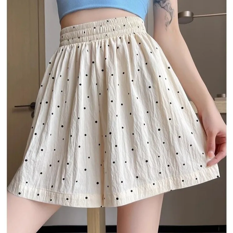 Pantalones cortos informales con estampado de puntos coreano para mujer, pantalones cortos holgados con cintura elástica y bolsillos de pierna ancha, ropa de calle suave y fresca para vacaciones