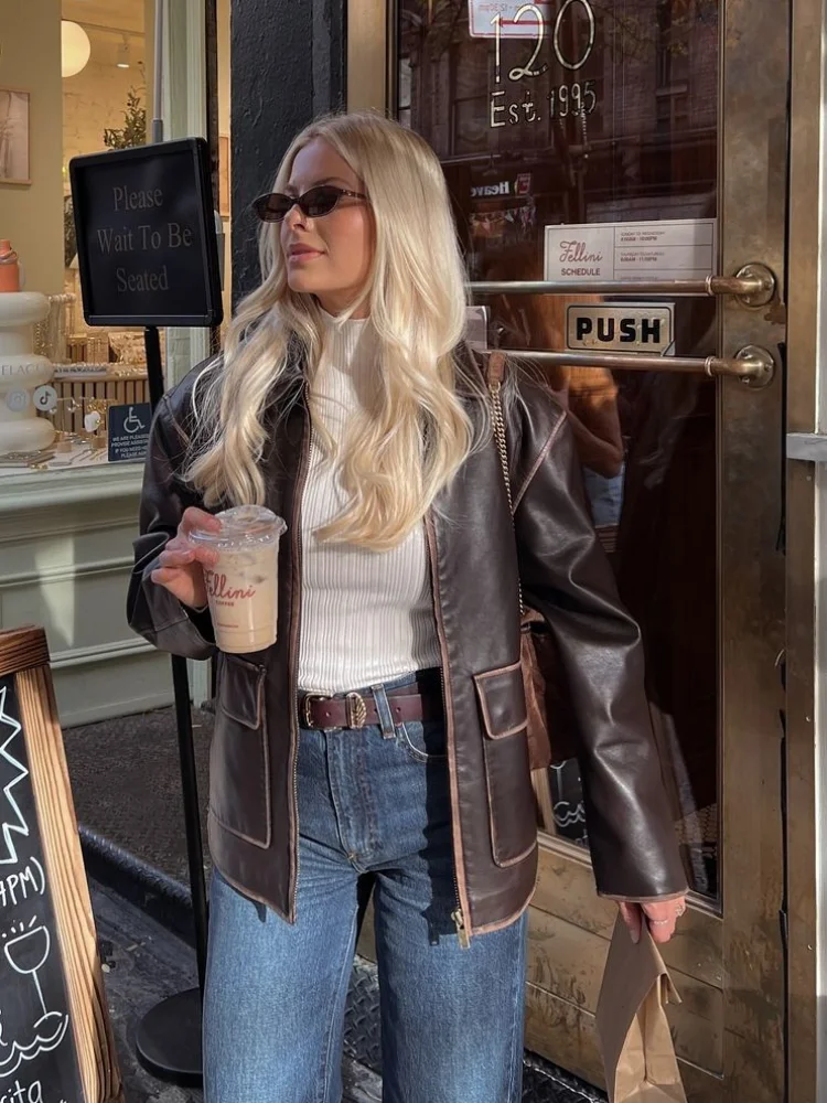 

Women's Casual Zipper Pocket Short Leather Jacket Chic Lapel Solid Long Sleeve Loose Coat Lady Autumn Daily Highstreet Outerwear