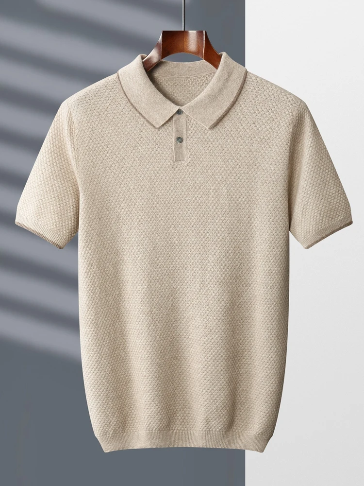 Suéter de cachemira de cabra pura para hombre, jerseys de punto con cuello de POLO, Tops casuales jóvenes, camisa de manga corta, primavera y verano, 100%