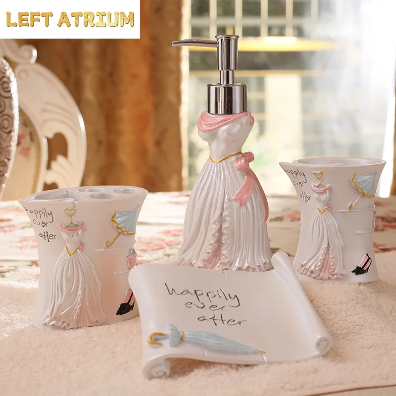 european-style-five-piece-wash-set-bathroom-supplies-resin-pink-white-toothbrush-cup-bathroom-accessories-tooth-brush-holder