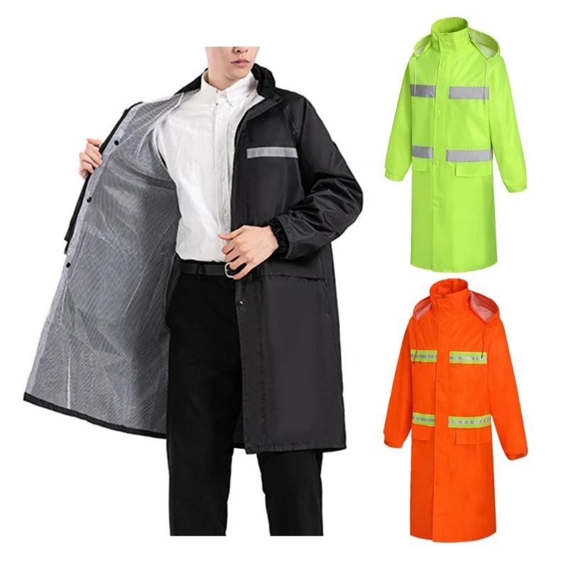 Long Length Waterproof Fluorescent Work Coat High Visibility Workwears Safety Concealed Hood Flashing Hooded Rain