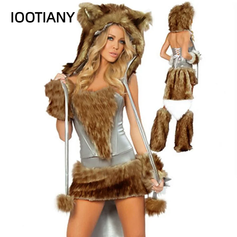 

Sexy Women Big Bad Wolf Animal Furry Costume Adult Halloween Cosplay Wolf Plush Skirt Winter Hat Uniform Stage Performance Set