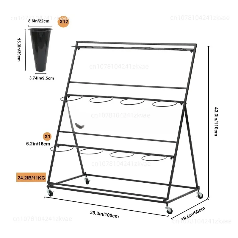 Metal Plant Stand with Wheels, Flower Vase Rack, 12 x Buckets, 3 Layers, Black